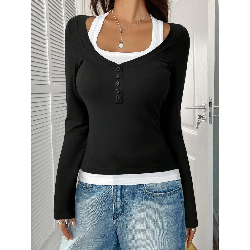 Women's Square Neck Long Sleeve Top Slim Fit Color Block Fake Two Piece Button Detail Sexy Casual Blouse