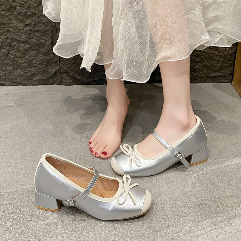 Small Person Increases Height 7cm Mary Jane Shoes Women's Bow with Silver Evening Breeze Gentle Thick Heel Ballet Shoes