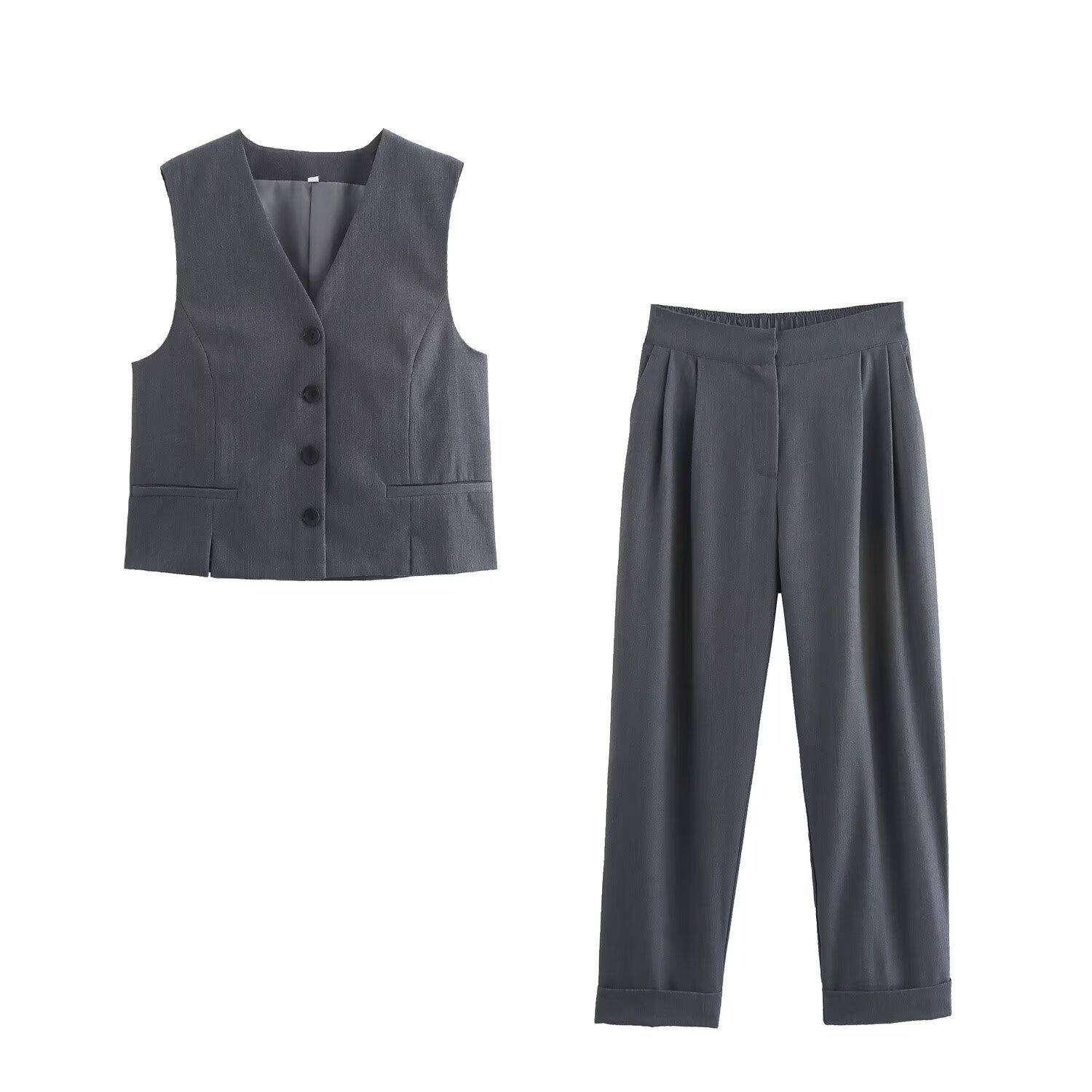

European & American 2024 Women s V-Neck Split Vest and High-Waisted Pants Set XS
