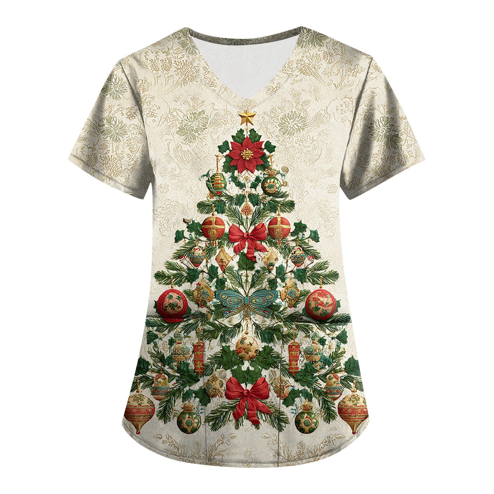 

Большой размер Принтованный скраб Рабочая униформа Топы для женских V-образный вырез с запахом Принт Короткий рукав Веселые футболки Рабочая одежда Футболка с карманами L