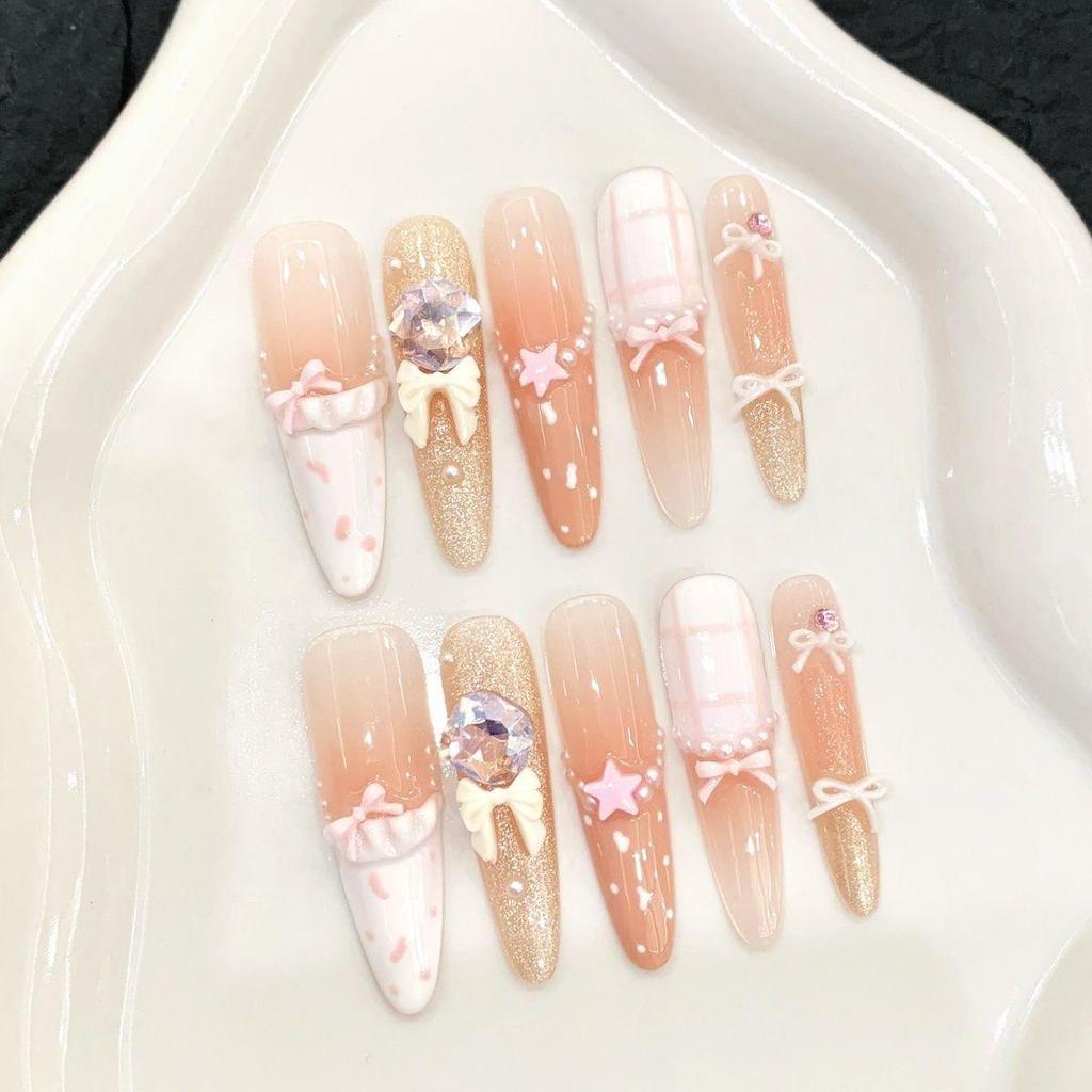 Sweetheart Bow Handmade French Manicure Plaid Cat Eye Nails - High-End Whitening New Style