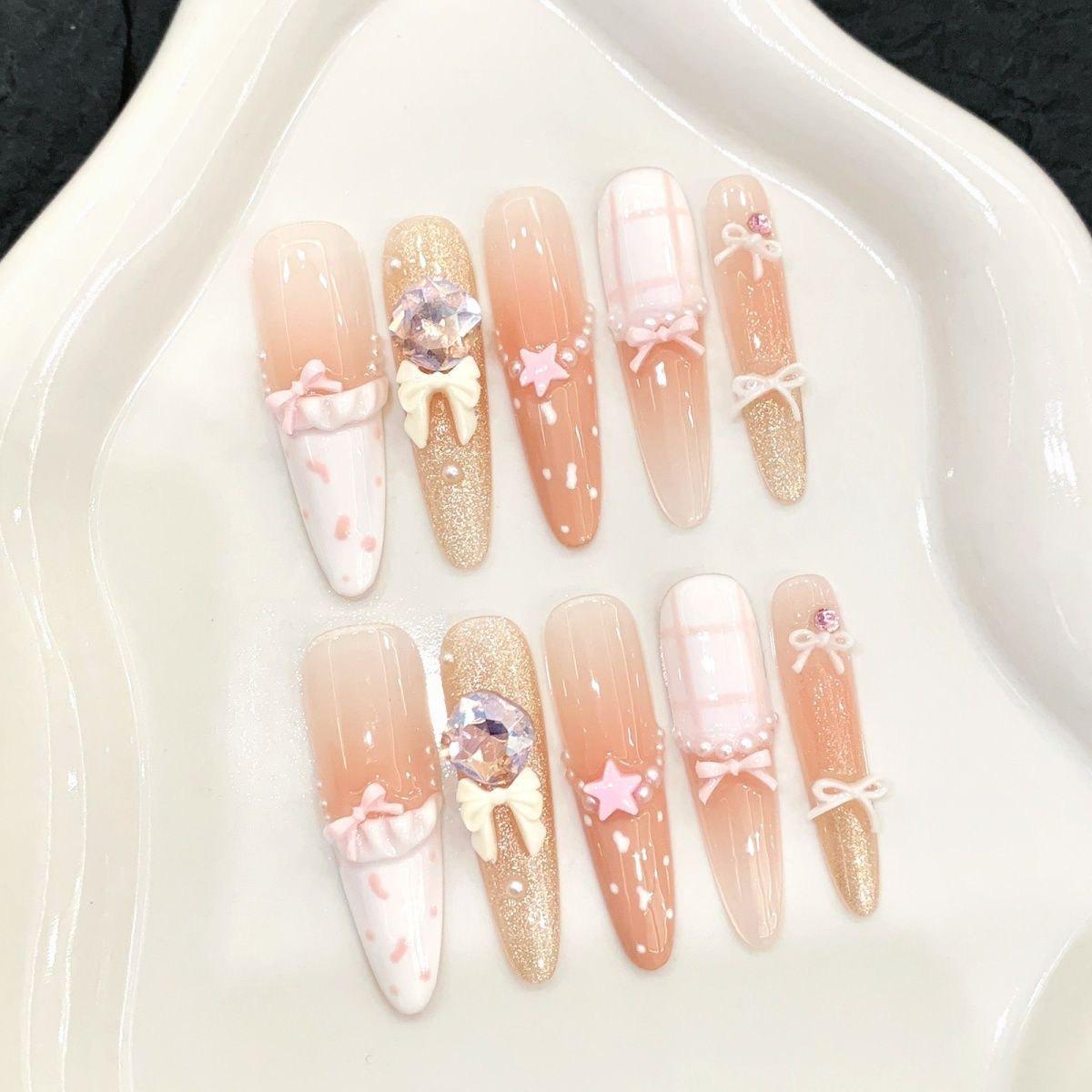 Sweetheart Bow Handmade French Manicure Plaid Cat Eye Nails - High-End Whitening New Style Extra Small