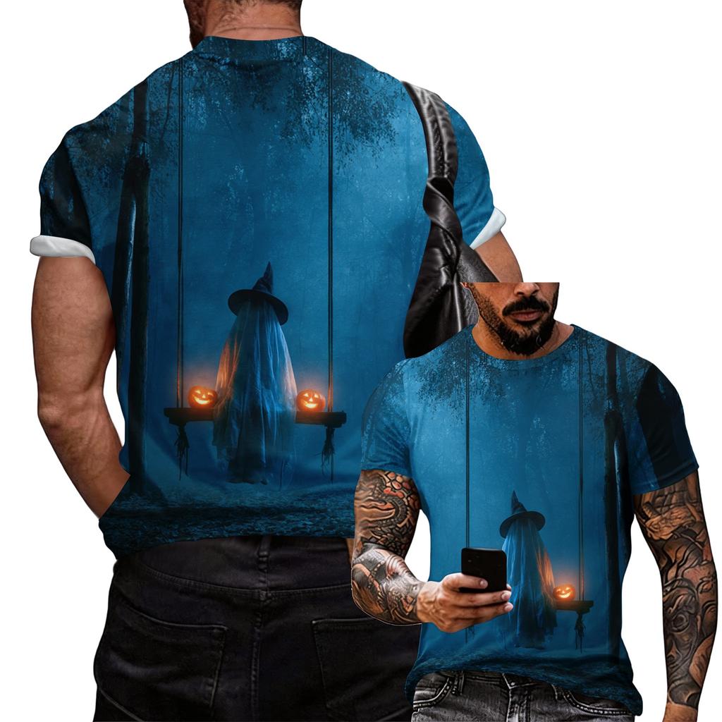Men's Halloween Graphic T Shirt Loose Fit Casual Short Sleeve Top with Printed Witch and Pumpkin Design for Seasonal Wear