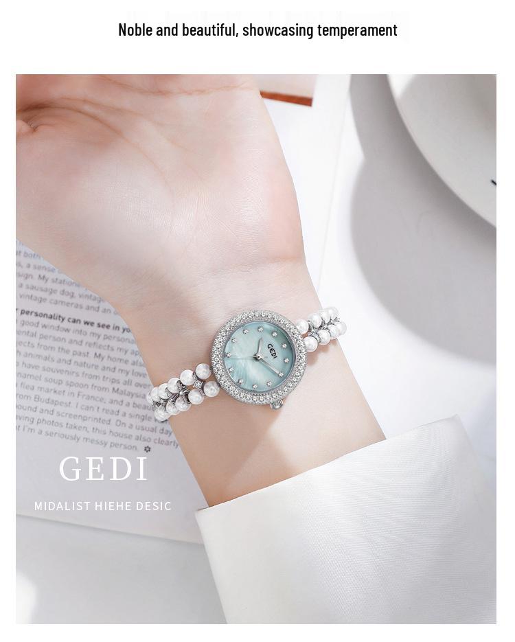 Gedi Women's Diamond-Set Mother-of-Pearl Luxury Watch with Pearl Band and Quartz Movement