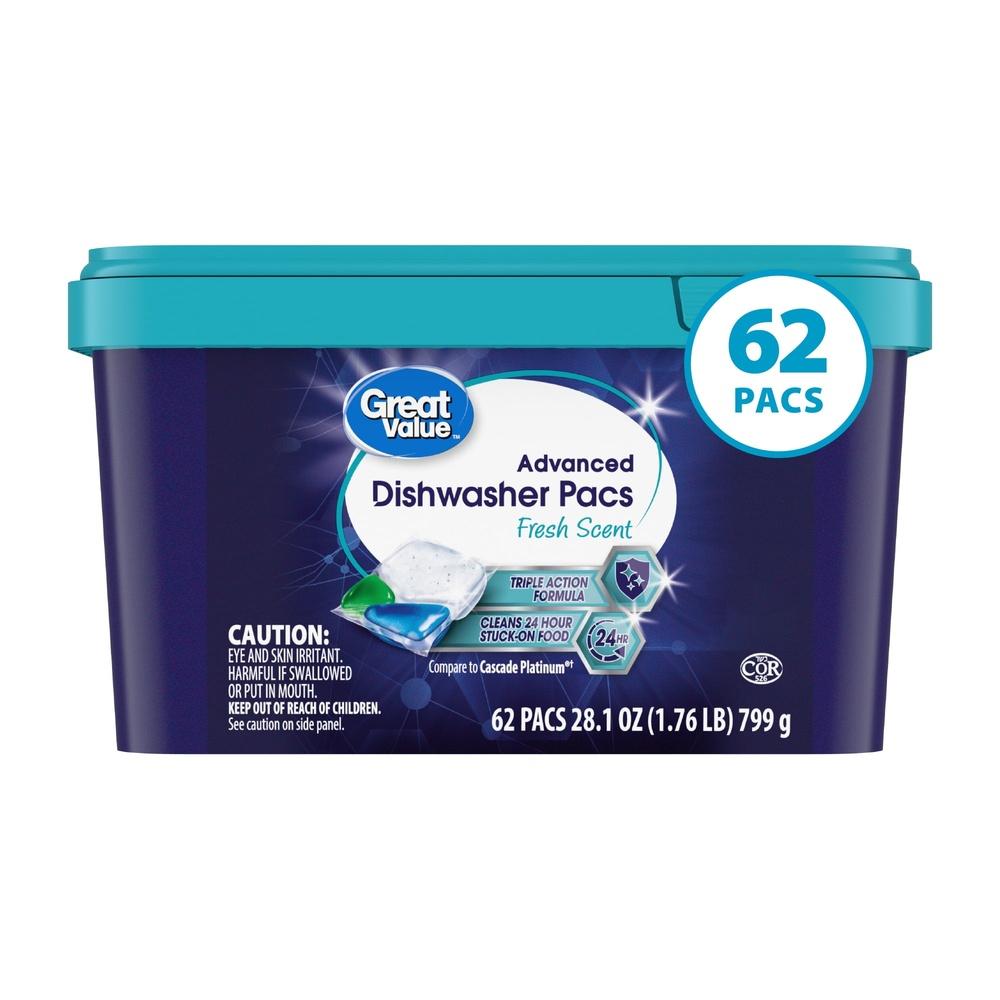 

Advanced Automatic Dishwasher Pacs 62 Count Fresh Scent Triple Action Formula Tough on Grease Stains Residue No Pre-Rinse Safe United States