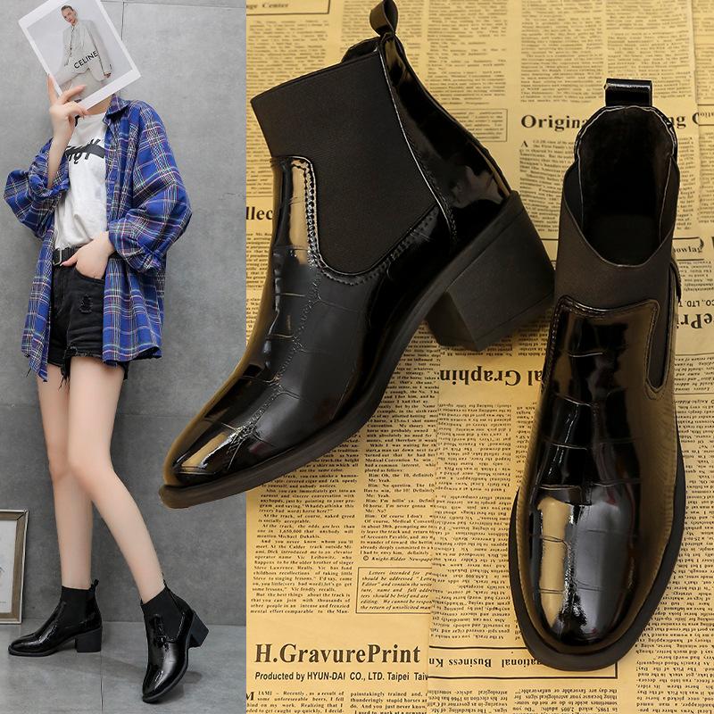 Women's  Autumn/Winter British Lacquer Leather Mid Heel Boots Round Toe High Heels Shiny Leather Women's Boots