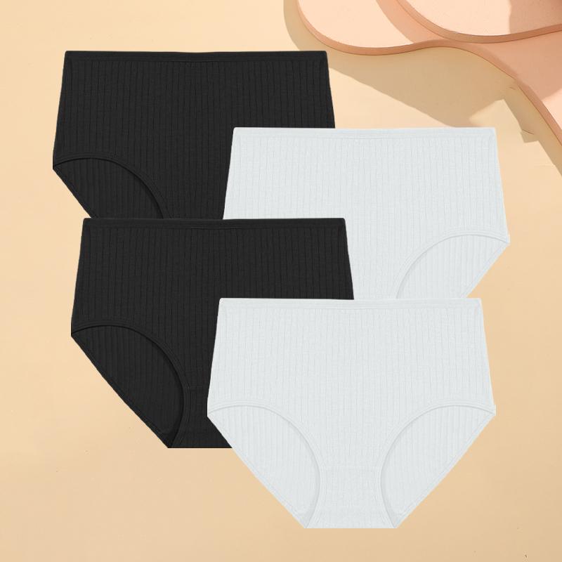 FINETOO 4KS/SET Bavlněné pruhované dámské spodní prádlo Sexy kalhotky s vysokým pasem Jednobarevné měkké slipy Dámské prodyšné strečové spodní prádlo