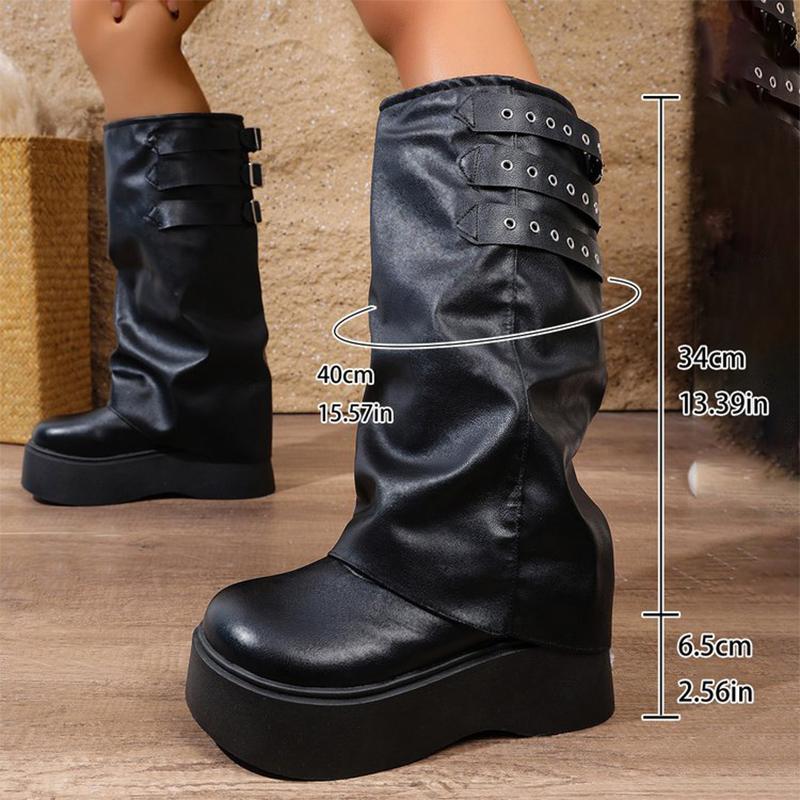 Fashion Punk Style Chunk Heel Boots for Women 2025 Fashion Black Rivet Detor Mid Calf Boots Woman Pu Leather Platform Botas Mujer