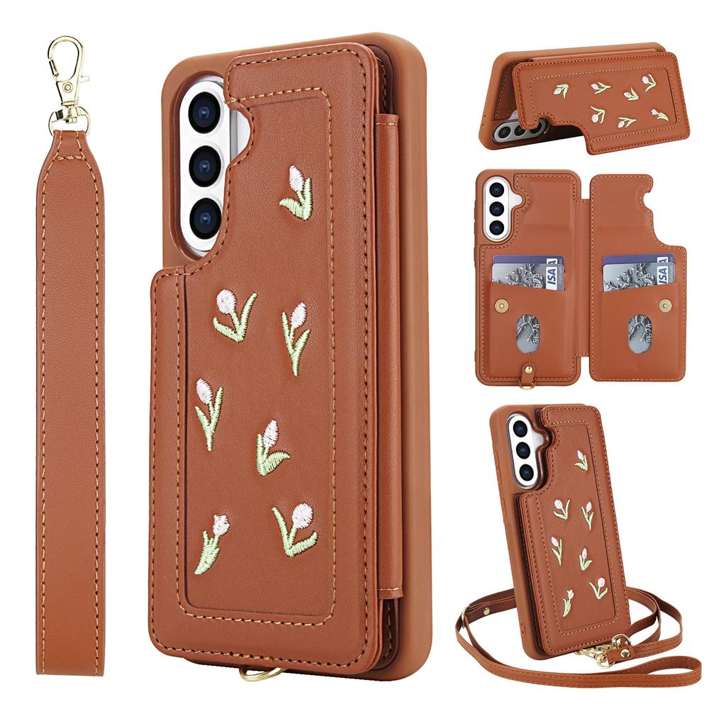 For Samsung Galaxy A36 5G/A56 5G Case Embroidered Tulips PU Leather Card Holder Back Cover with Shoulder Strap/Wrist Strap