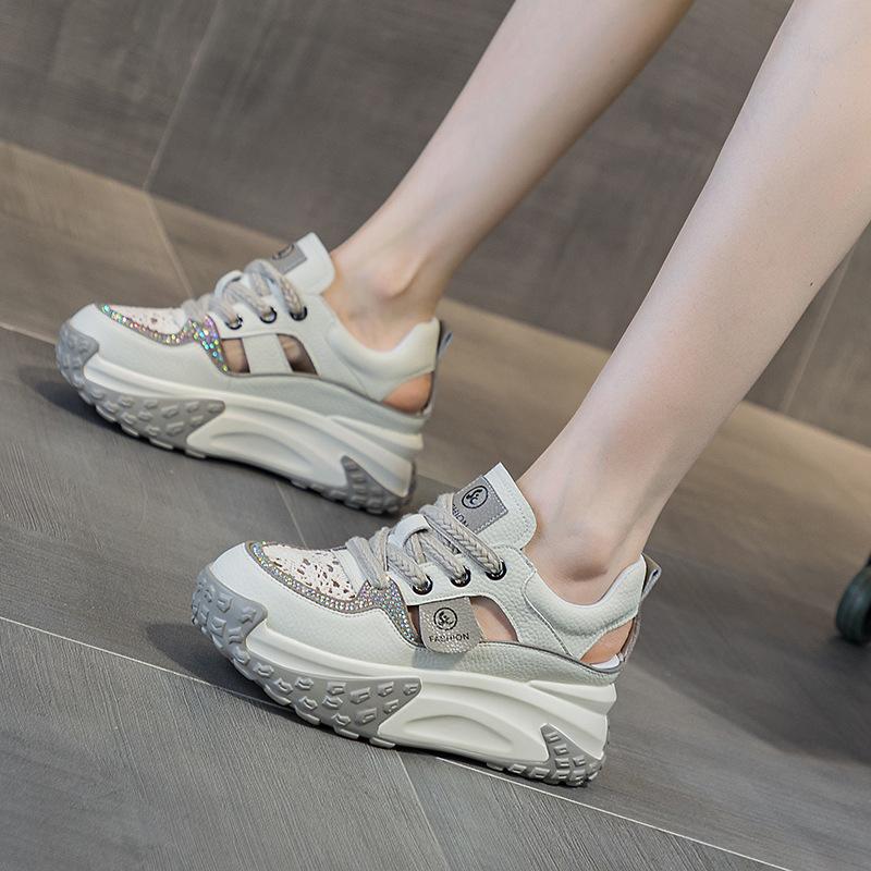 Leather Hollow Dad Shoes Women's Summer 2025 New Retro Lightweight Inner Height Increase Casual Sports Shoes Platform Sandals