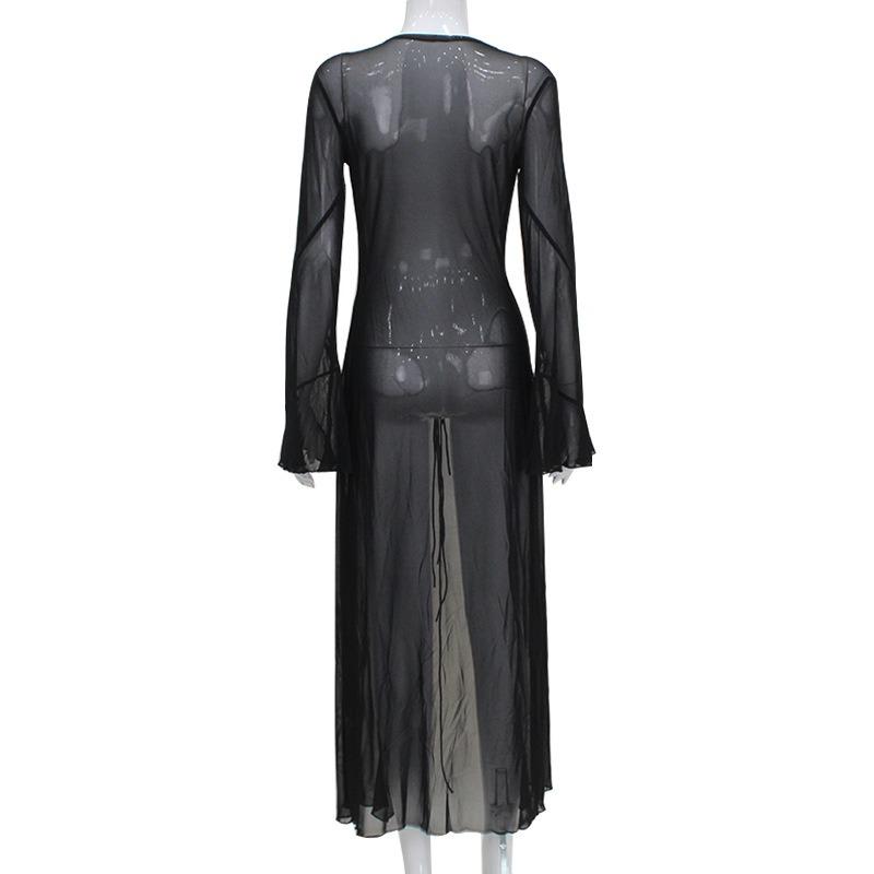 Sexy Stil Damen Mesh Spitze Halber Cardigan Langärmlig Holzohr Kante Perspektive Modekleid