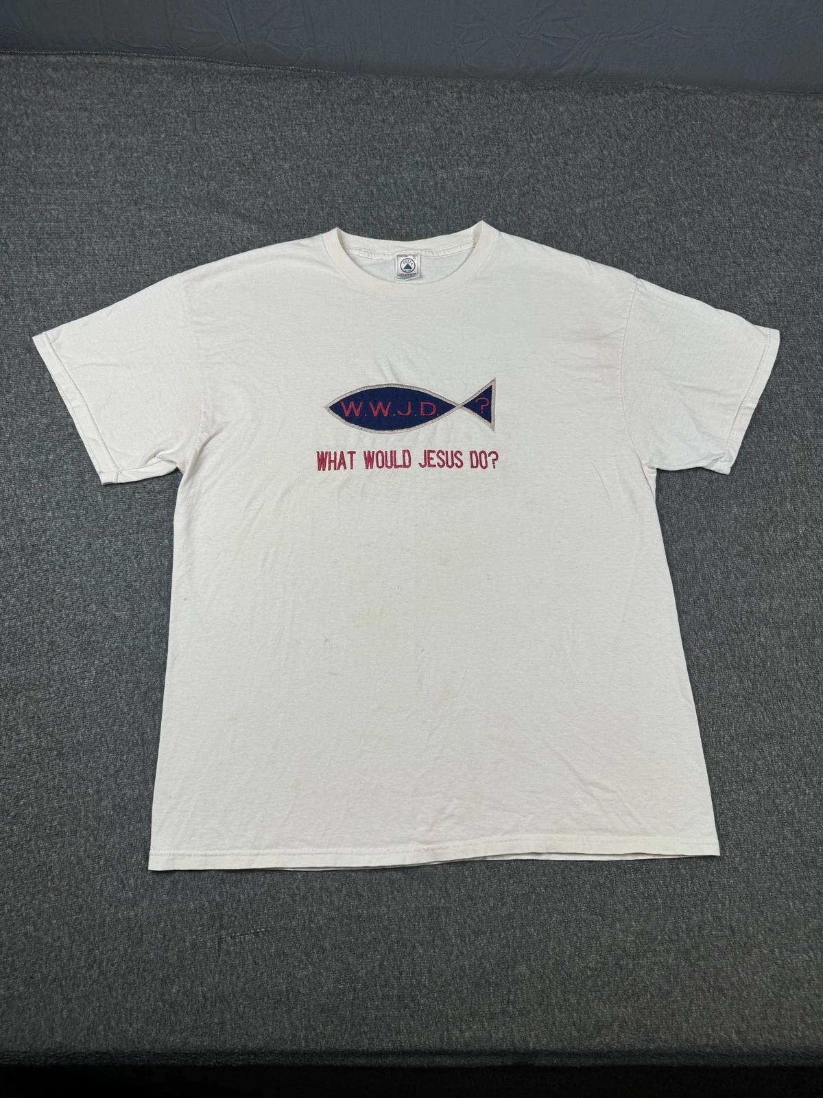 Vintage WWJD What Would Jesus Do Shirt Mens XL White Christian Fish Delta 90s S