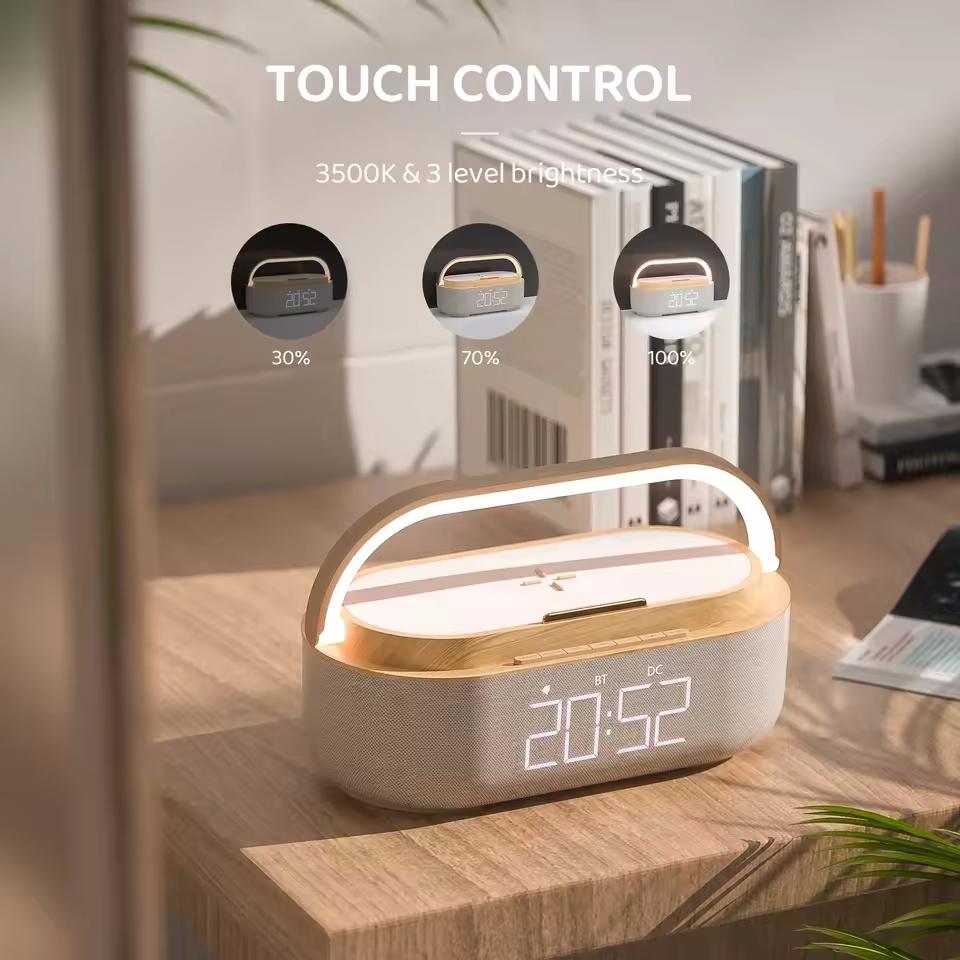 2500mAh Bluetooth Speaker with Wireless Charger FM Radio Dimmable Light Portable Dual Speaker for Bedroom Office Christmas Gifts