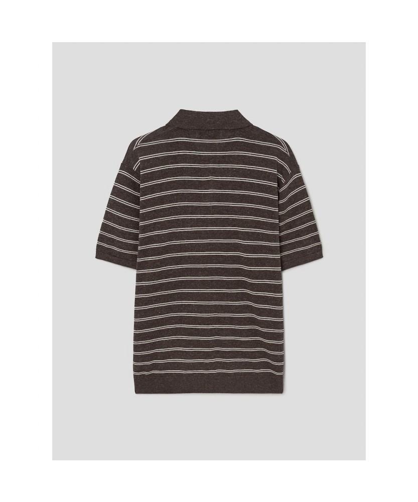 8SECONDS Striped Collared Neck Short Sleeve Knit Brown