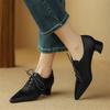 Fashion New Spring Split Leather Women Shoes Pointed Toe Women Pumps Chunky Heels Loafers Shoes for Women French Retro Lace Casual Shoes