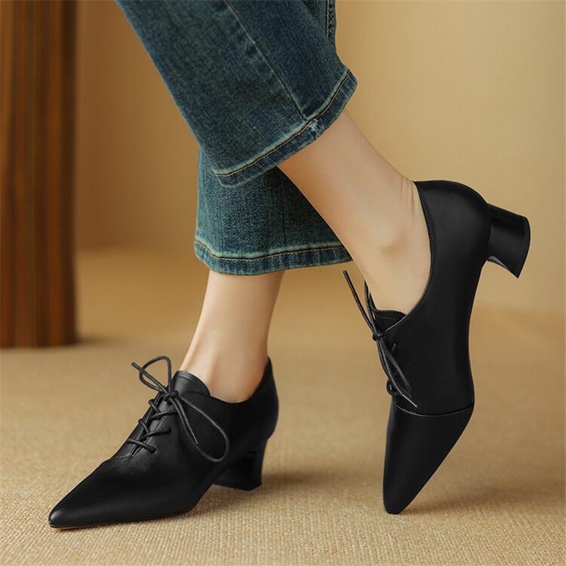 Fashion New Spring Split Leather Women Shoes Pointed Toe Women Pumps Chunky Heels Loafers Shoes for Women French Retro Lace Casual Shoes