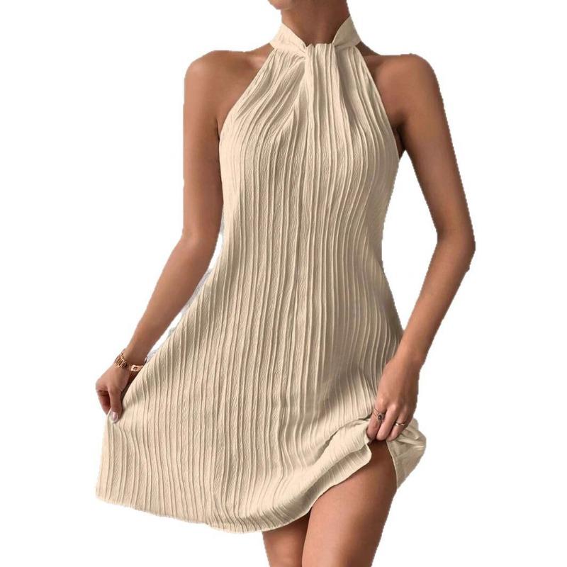 Summer Sleeve White Loose Dress Fashion Women's Hanging Neck Pleated Dress Party Casual Elegant Sweet A-line Short Dress Holiday Clothing