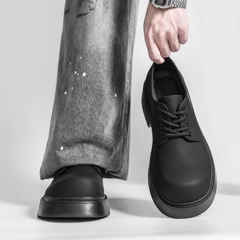 Men Four Seasons Derby Shoes, Wide Toe Thick Sole Trendy Business Casual Leather Shoes, Anti-slip Wear-resistant Work Footwear
