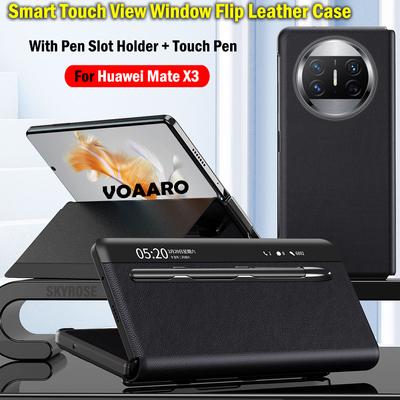 Kapak için Huawei Mate X3 durumda akıllı dokunmatik görünüm penceresi Flip Funda için Huawei Mate X3 Flip deri kılıf dokunmatik kalem yuvası ekleyin tutucu