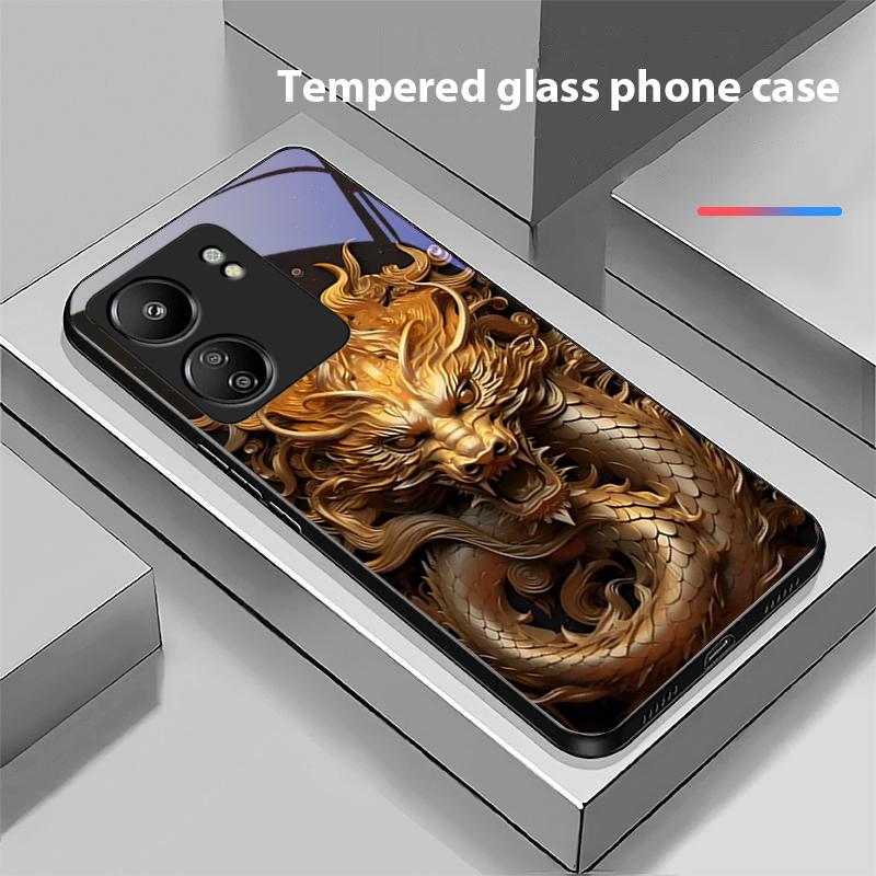 Chinesischer Winddrache Für Xiaomi Redmi 13C Note13 12 Pro Plus 5G Note 9 13T Pro POCO X6 F5 F6 Schwarze Handyhülle aus gehärtetem Glas