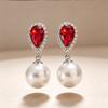 Korean Version of Temperament Red Diamond Imitation Pearl Earrings, Versatile Dress Banquet Earrings, New Wedding Earrings