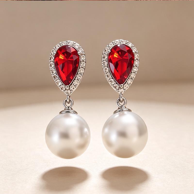 Korean Version of Temperament Red Diamond Imitation Pearl Earrings, Versatile Dress Banquet Earrings, New Wedding Earrings