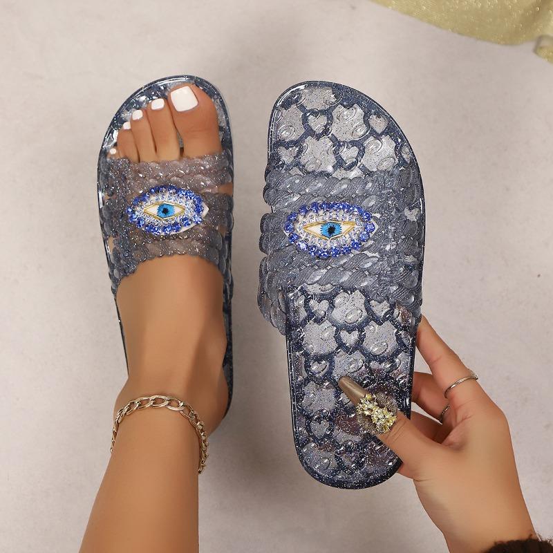Fashion 2025 Summer New Women’s Novelty Sandals Outdoor Round Toe Flat with Crystal Metal Decoration Slippers for Beach Casual Slippers