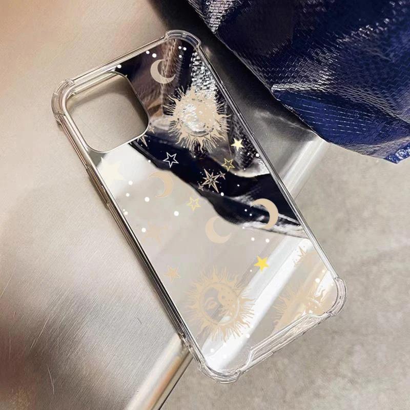 Sun Moon Pattern Phone Case For iPhone 11 12 13 14 15 16 17 Pro Max XS X XR 7 8 Plus Make Up Mirror Shockproof Soft Cover