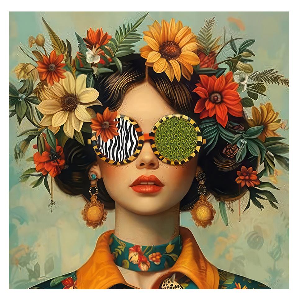 Beautiful Woman with Glasses Flower Canvas Wall Art Painting Posters and Prints Women Wall Art Picture Room Decor Picture