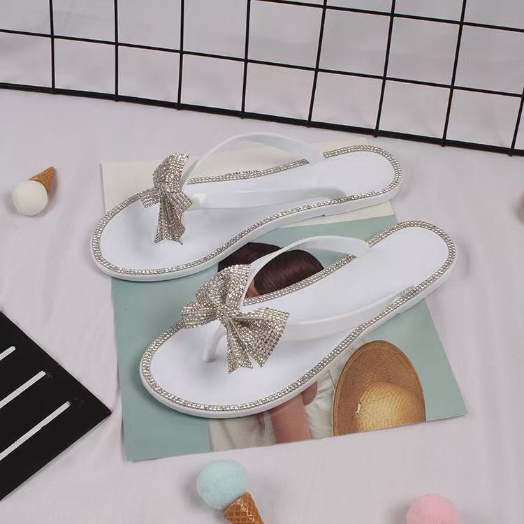 Fashion 2024 Spring/summer new large size flip flops women bow knot rhinestones outdoor leisure beach flat home sandals/slippers