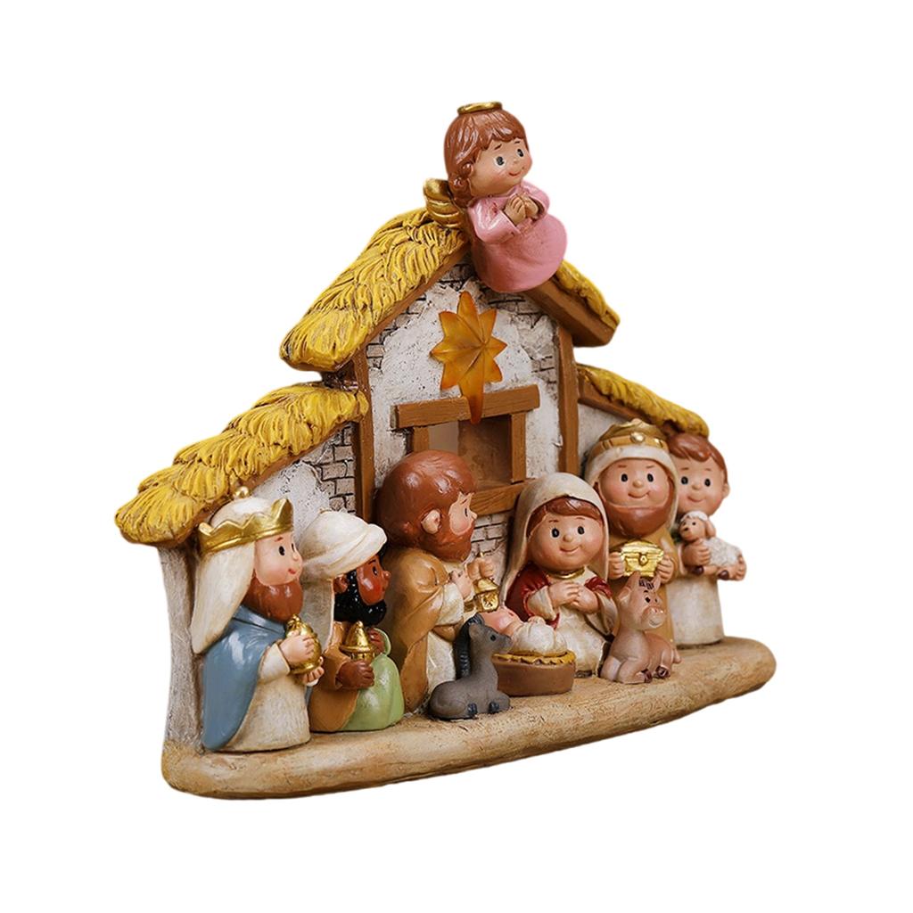 Miniature Nativity Playsets for Christmas Resin Figures Nativity Scene with LED Light Indoor Christian Faith Display