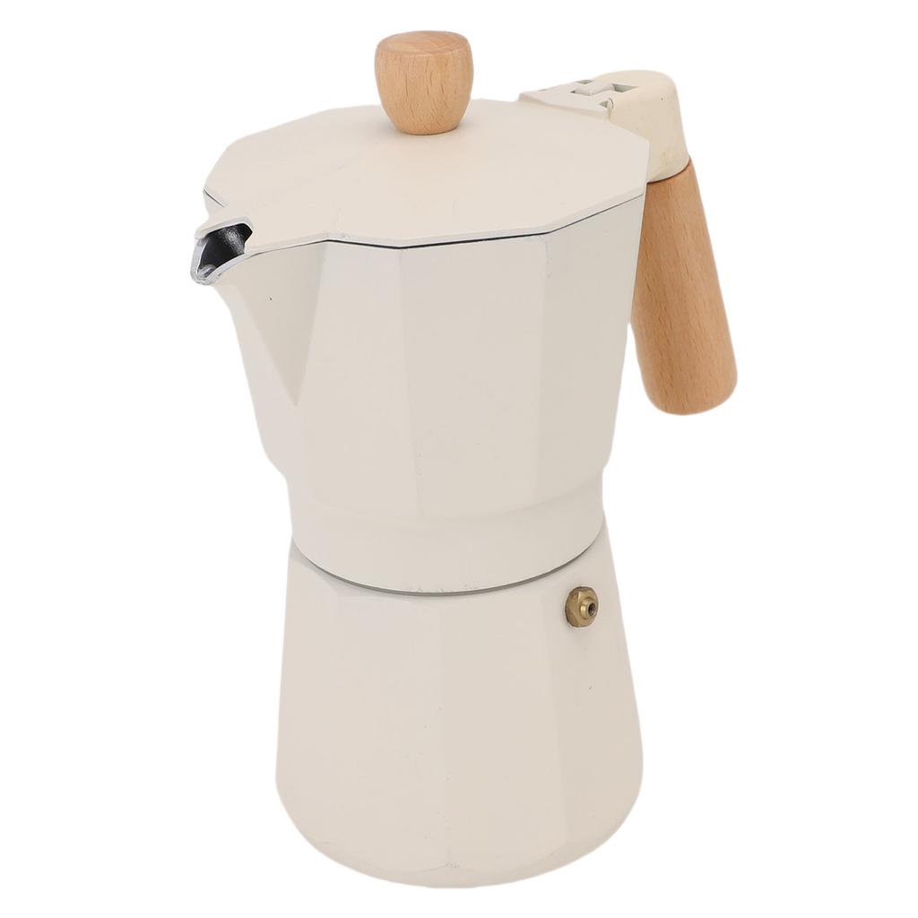 Stovetop Coffee Pot White 6 Cup Aluminum Single Valve Mocha Pot with Wooden Handle for Gas Stoves Electric Stoves