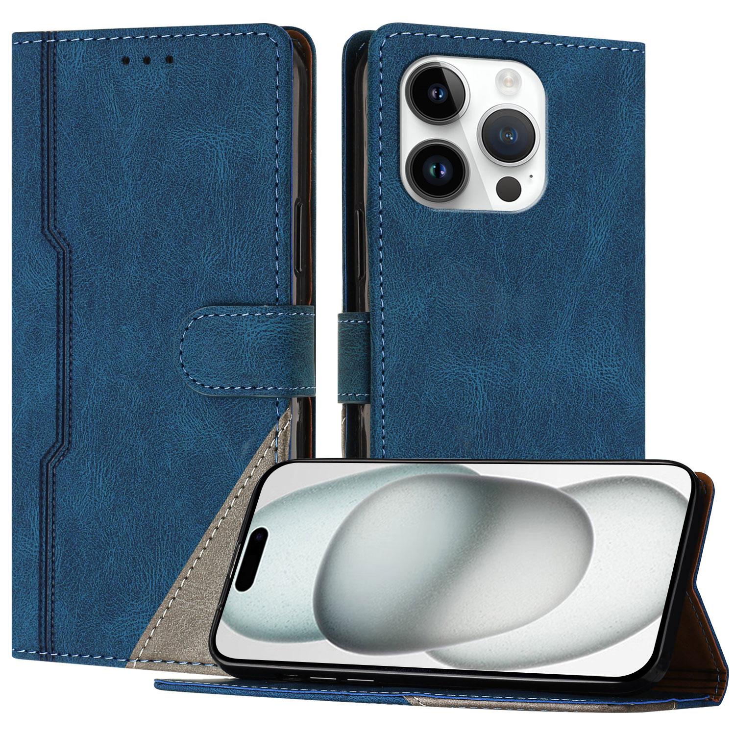 

For iPhone 15 Pro Leather Case Triangle Patchwork Wallet Stand Shockproof Phone Cover Blue