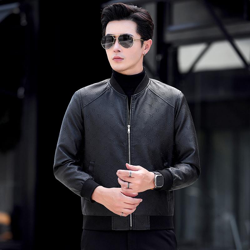 Spring and Summer New Men's Fashion B Letter Printed Leather Jacket Casual Versatile Baseball Collar Leather Jacket
