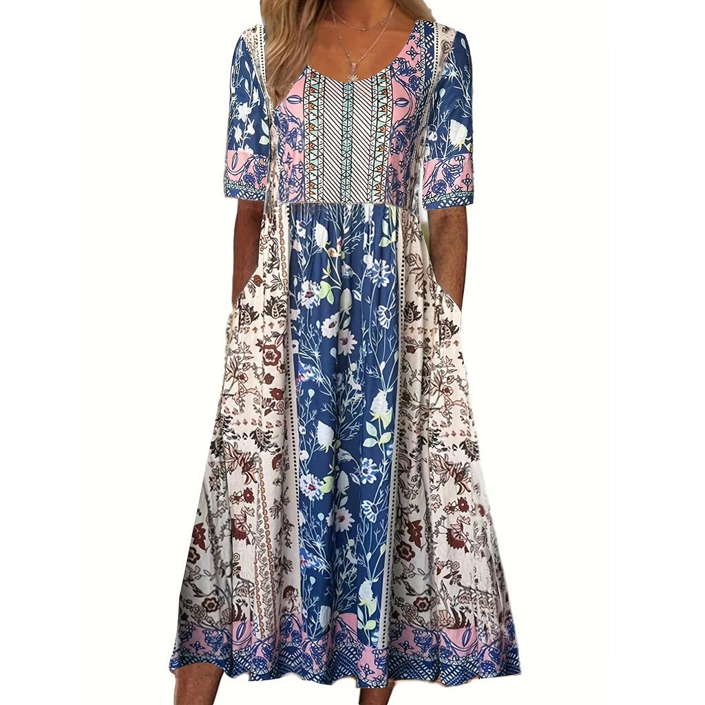 Rochie de vară boemă imprimată pentru femei plinuțe, modă, gât rotund, mânecă scurtă, casual, rochii lungi pentru femei, elegantă, linie A, rochie de vacanță, de plajă 26653