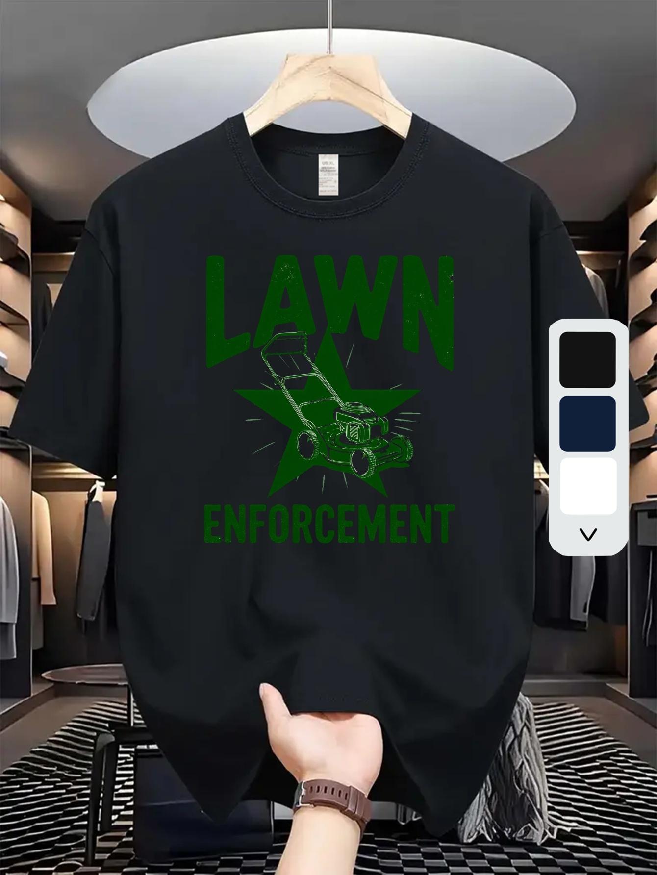 

Graphic T-shirt - Lawn Enforcement Design with Lawn Mower - Breathable Cotton Blend Crewneck Tee - Stretch Knit Fabric for Gardening S