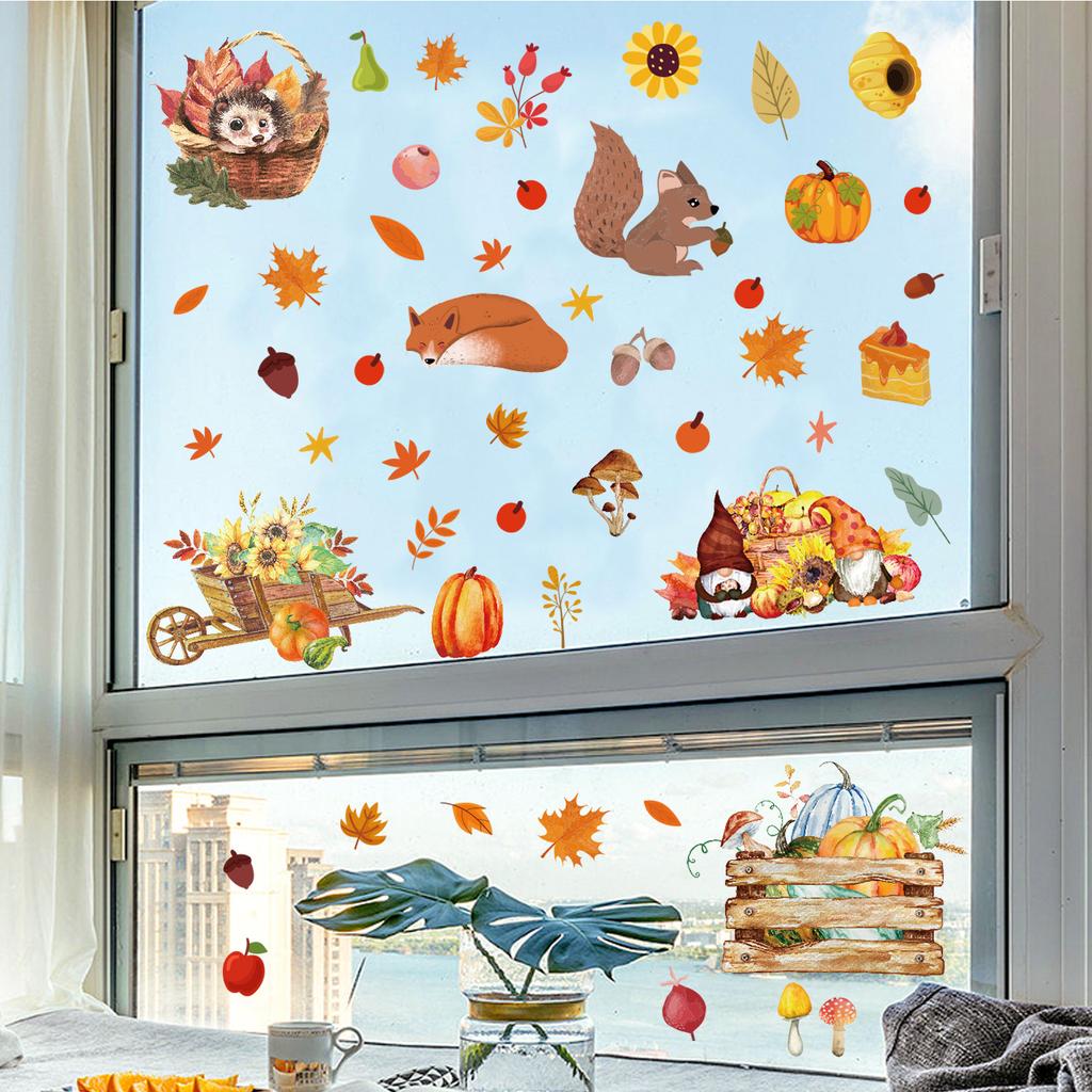 Autumn Maple Leaf Pumpkin Squirrel Static Cling Window Sticker Removable Fridge Glass Decor