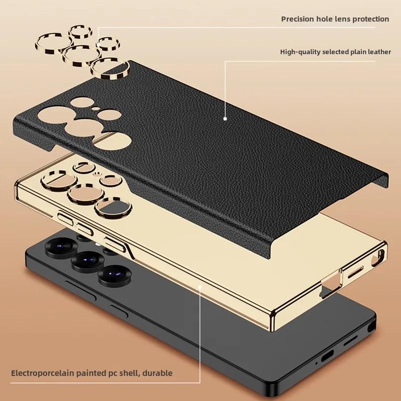 Husă din piele cu suprafață curbată, electroplată, pentru Samsung Galaxy S25 S24 Ultra, carcasă de protecție din plastic dur, suport, husă pentru telefon