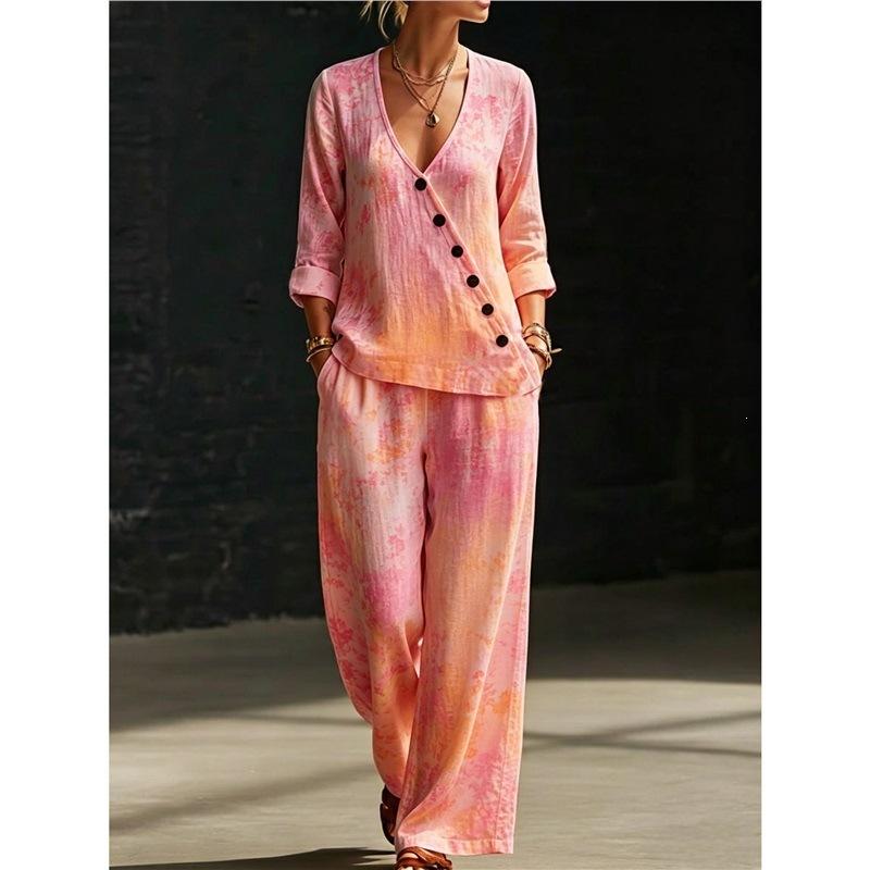 European and American Summer New Blue and White Tie-dye Gradual Change Diagonal Shirt Wide-leg Pants Two-piece Set Women's Casual Long-sleeved Suit