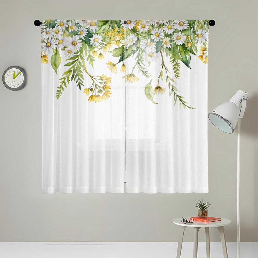 2pcs HD digital fresh small white flower printed window screen home decor style decoration living room bedroom rod through curta