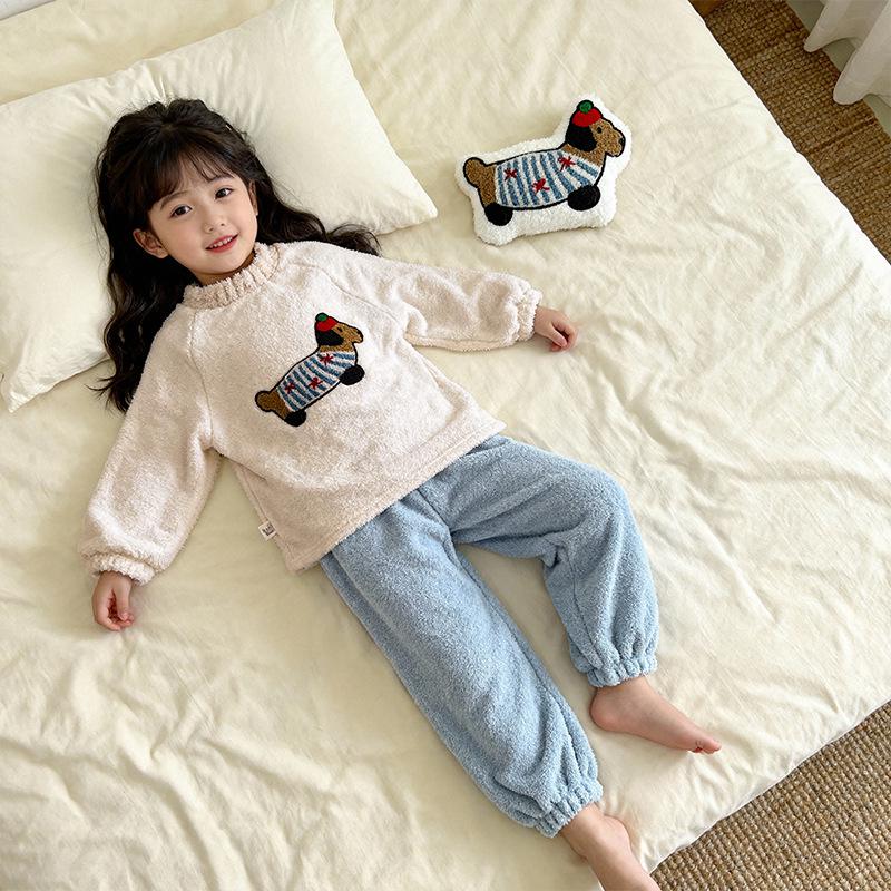 Children's Coral Fleece Pajama Set: Boys' Long-Sleeve & Pants, Girls' Thick Warm Winter Homewear.