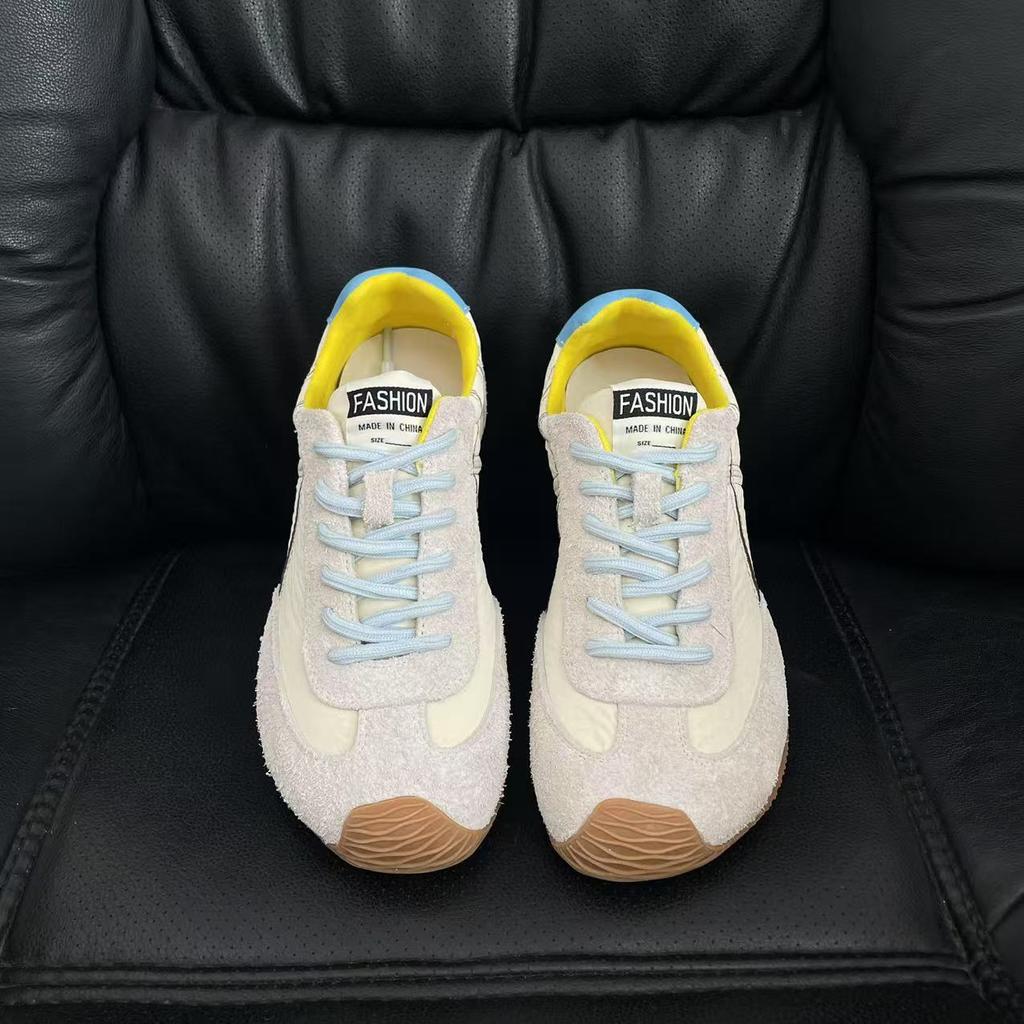 Leather women's spring new ugly cute casual shoes flat bottom lightweight women's shoes trendy color matching versatile lace-up