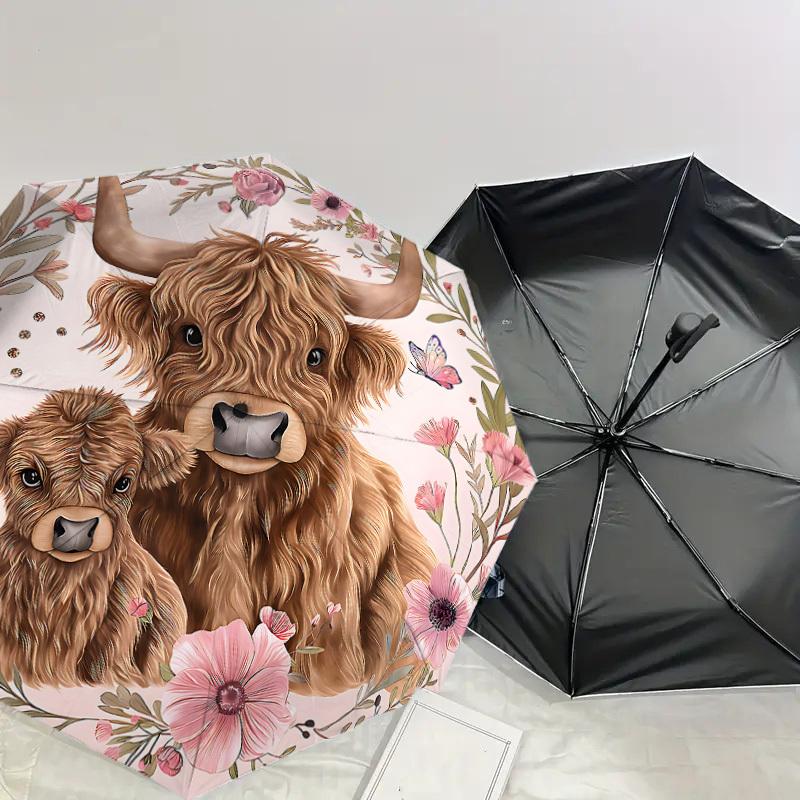1PC Highland Cow Floral Umbrella-8-Rib Reinforced, Automatic Open, Lightweight & Durable, Cute Fashion Accessory for Outdoor-P47