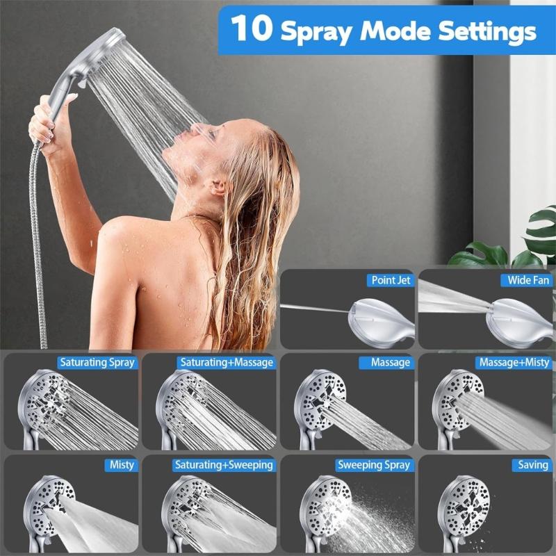 Upgraded Powerful Shower Head with 10 Spray Choice Adjustment Shower Head Multifunctional Shower Head for Bathroom