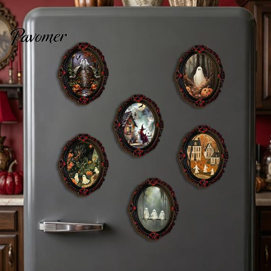 Decorative Metal Cabinet Stickers Halloween Wooden Refrigerator Magnets, Vintage Gothic Oval Frame Fridge Magnets with Witch Niche Holiday Souvenir