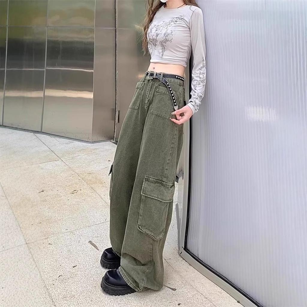 Plus Size High Waist Army Green Slimming Cargo Pants - 2025 Hip-Hiding Loose Straight Leg Jeans
