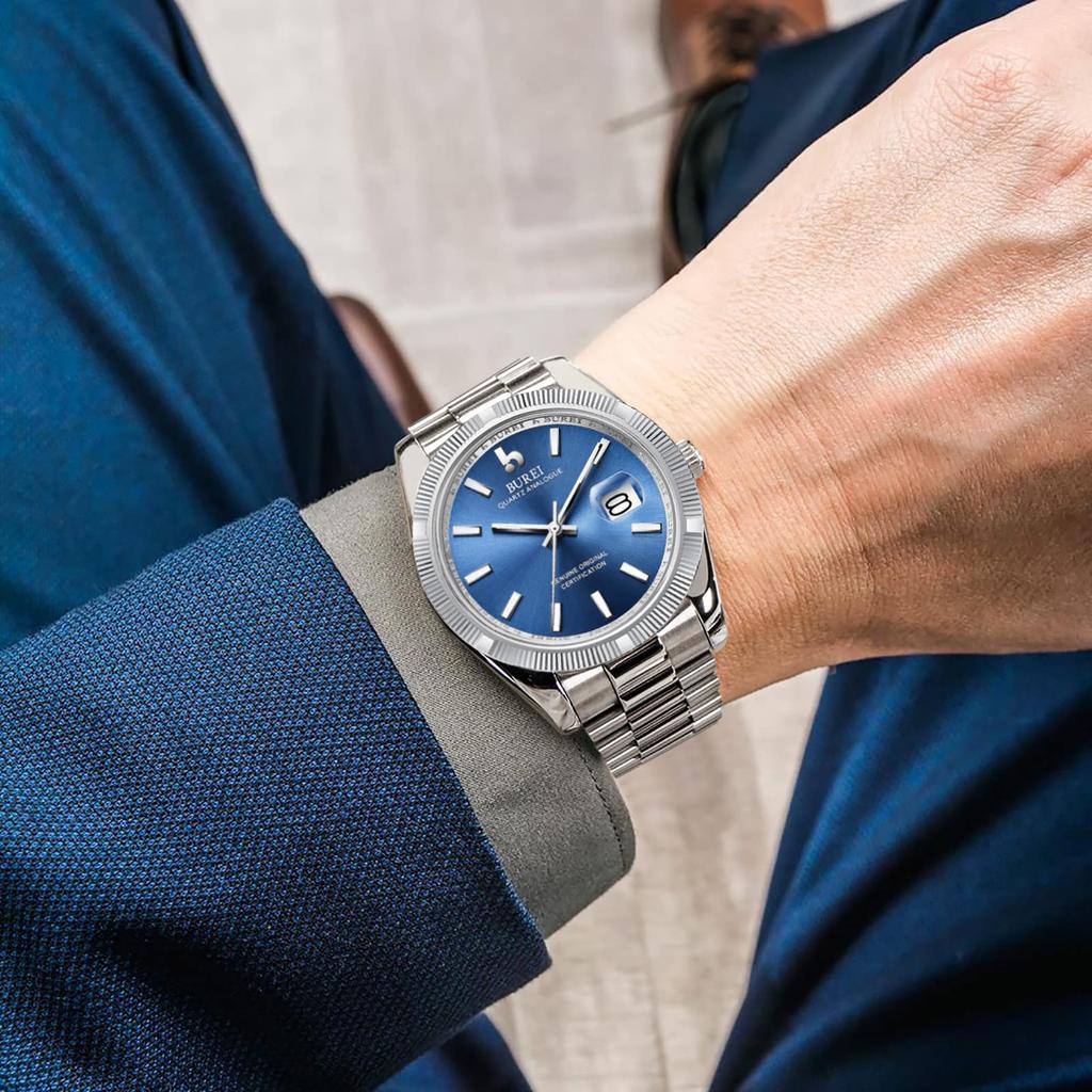 BUREI Men's Analog Watch Popular Brand Gentleman Waterproof Quartz Business Fashion Simple Silver Blue Luminous Watch Birthday Gift