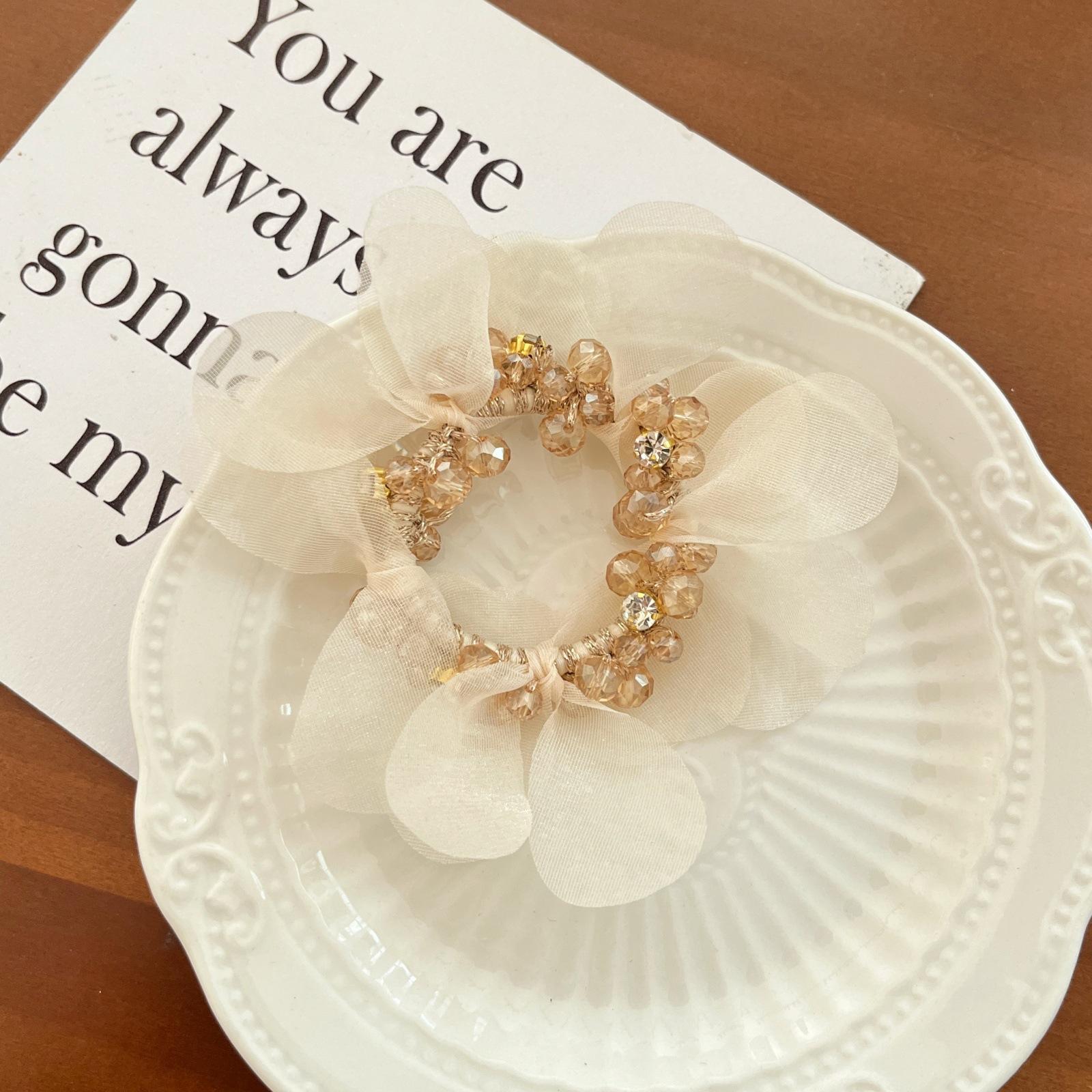 

3PCS Crystal Petal Hair Ring Korean Bead String Head Rope Women Versatile Hair Tie with High Elasticity and Ponytail Accessories