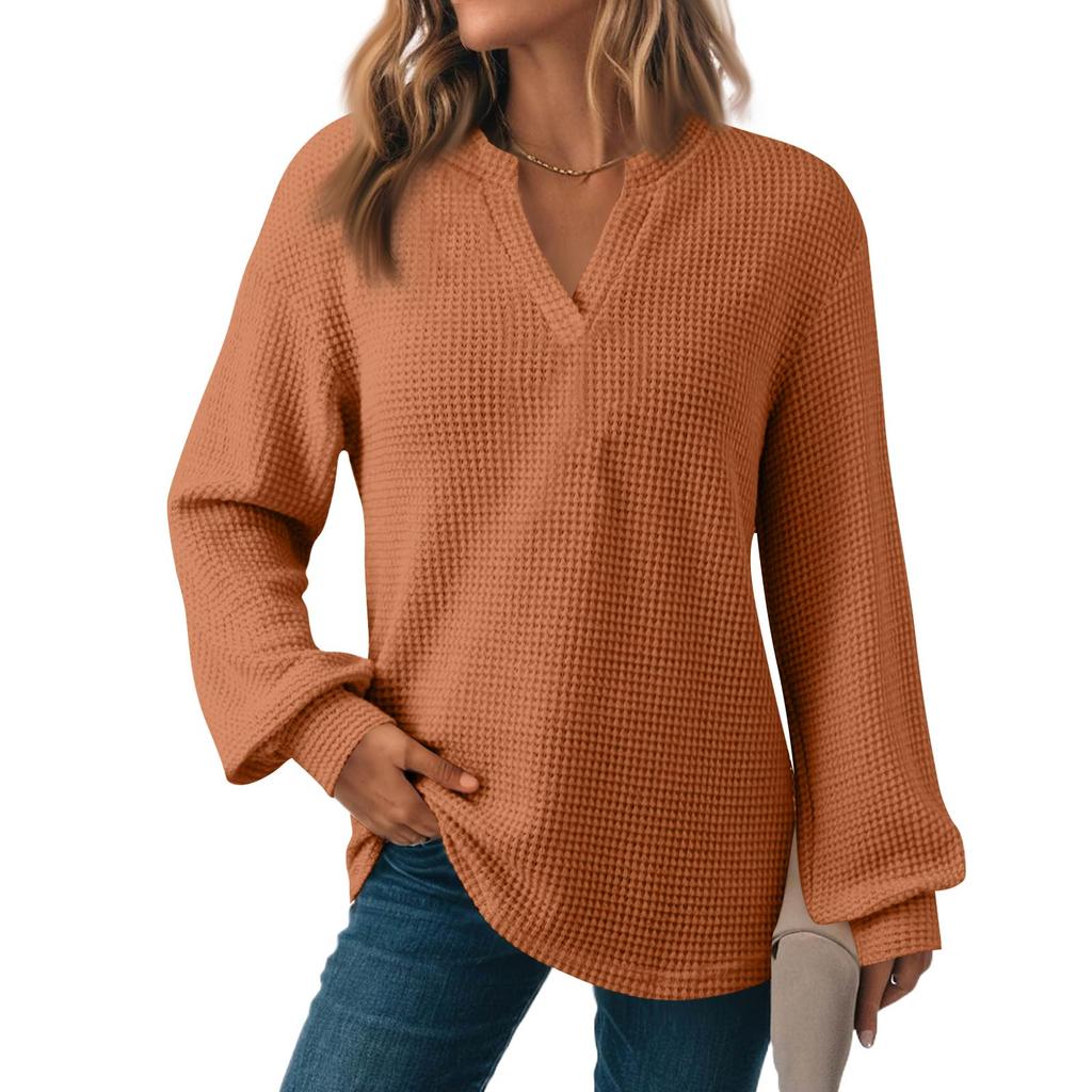 Women's Fashion Long Sleeve  Knit V-Neck Solid Color Casual Top