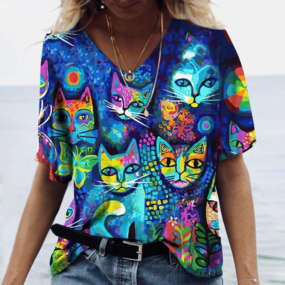 Summer V-neck 3D Cat Printed Top Fashionable Casual Short Sleeved Women's T-shirts